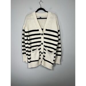 American Eagle Outfitters Striped Cardigan Sweater Ivory Black V-Neck M